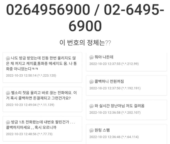 일각에서는 해당 전화의 목적이 전화금융사기(보이스피싱)나 스미싱(문자메시지를 이용한 사기)을 위한 연락처 수집이었을 것으로 추정했다. [사진=스팸 전화번호 검색 사이트 캡처]