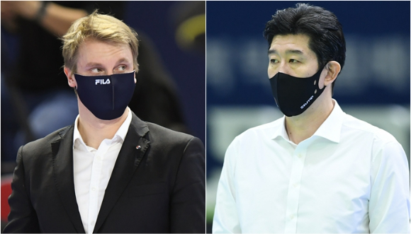 대한항공 토미 틸리카이넨 감독(왼쪽)과 KB손해보험 후인정 감독. [사진=한국배구연맹(KOVO)]