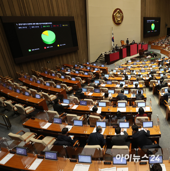 11일 오후 서울 여의도 국회에서 열린 새해 첫 본회의에서 노동자 대표가 공공기관 이사회의 의사결정 과정에 참여할 수 있도록 하는 내용의 '공공기관 운영에 관한 법률 일부개정법률안'(노동이사제)이 통과되고 있다. [사진=김성진 기자]