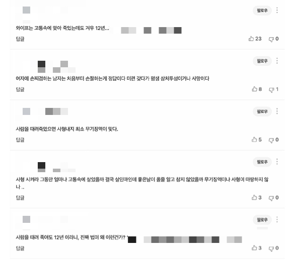 불륜을 의심하고 아내를 폭행해 숨지게 한 40대 남성이 징역 12년을 선고받았다. 누리꾼들은 형이 너무 낮다며 분노를 터뜨렸다. [사진=네이버 뉴스 댓글 캡처]