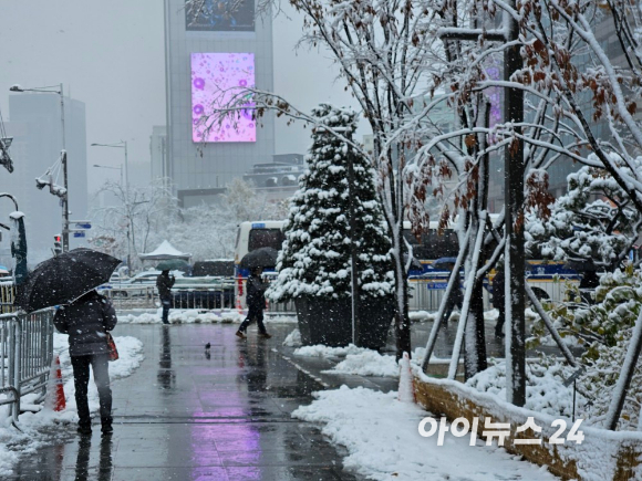 함박눈이 내린 27일 서울 광화문 광장 앞을 시민들이 지나고 있다.  [사진=김다운 기자]