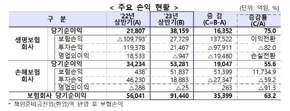 2023년 상반기 보험회사 손익 현황 [사진=금감원]