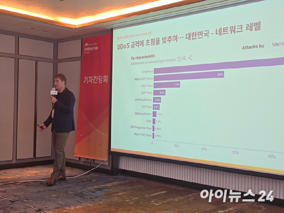 조원균 신임 클라우드플레어 한국 지사장이 9일 서울 강남 조선팰리스에서 열린 기자간담회에서 클라우드플레어 사업 뱡향을 소개하고 있다. [사진=박정민 기자]