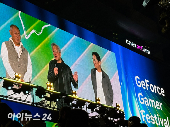 이재용 삼성전자 회장(왼쪽부터), 젠슨 황 엔비디아 최고경영자, 정의선 현대자동차그룹 회장 [사진=권서아 기자]