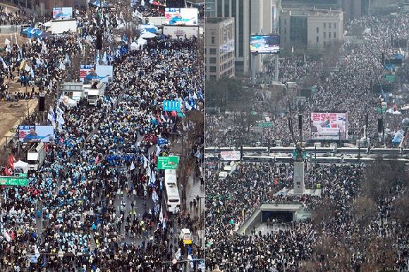 삼일절인 지난 1일 서울 곳곳에서 윤석열 대통령 탄핵 찬반 집회가 열렸다. 사진은 서울 종로구 안국동 사거리에서 더불어민주당을 비롯한 야 5당이 탄핵 촉구 집회를(왼쪽), 세종대로에선 대한민국바로세우기국민운동본부의 탄핵 반대 집회가 열린 모습. [사진=연합뉴스]