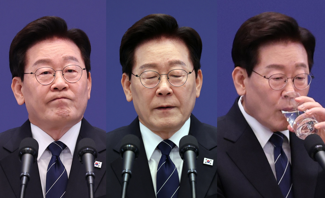이재명 대통령이 18일 청와대 영빈관에서 기자회견에서 다채로운 표정을 짓고 있다. [사진=연합뉴스]