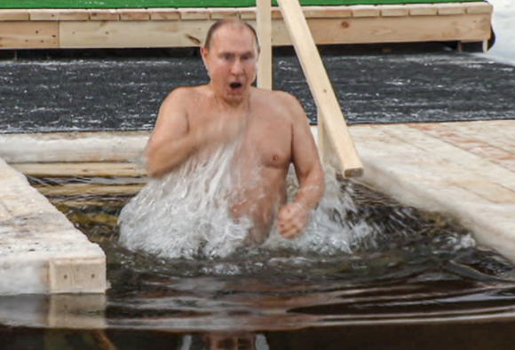 푸틴 대통령이 얼음물에 입수하고 있다. [사진= 크렘린풀/연합뉴스]