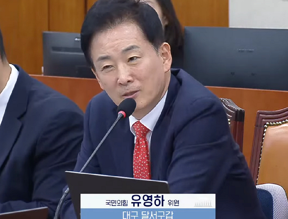 국회 국정감사 도중 유영하 국민의힘 의원이 노트북을 보며 고릴라 그림을 그리고 있다. [사진=유튜브 @미디어몽구]