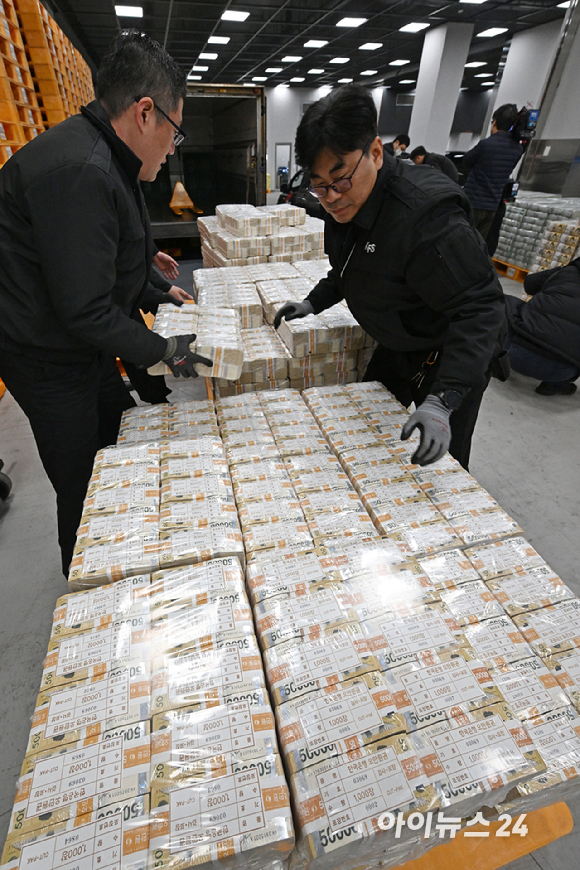 설날을 보름 앞둔 14일 서울 중구 한국은행 본점에서 한국은행 관계자들이 시중은행에 공급될 설 자금 방출 작업을 하고 있다. [사진=사진공동취재단]