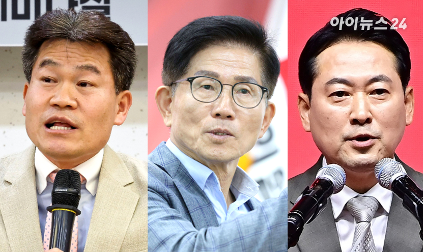 왼쪽부터 전 한국사 강사 전한길 씨, 김문수 전 고용노동부 장관, 장동혁 국민의힘 의원 [사진=곽영래 기자]