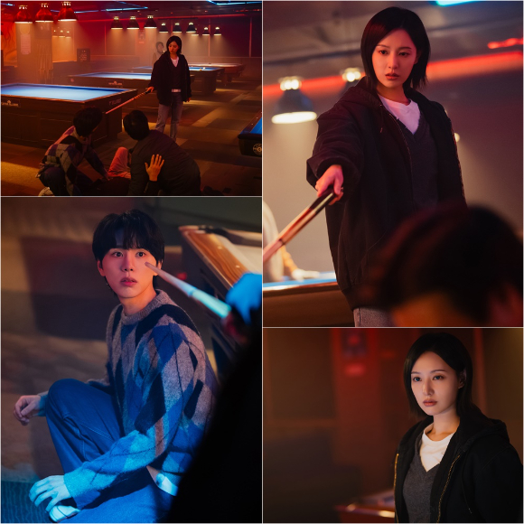 '닥터X' 김지원, 김우석에 겨눈 큐대…일촉즉발 첫 만남 포착