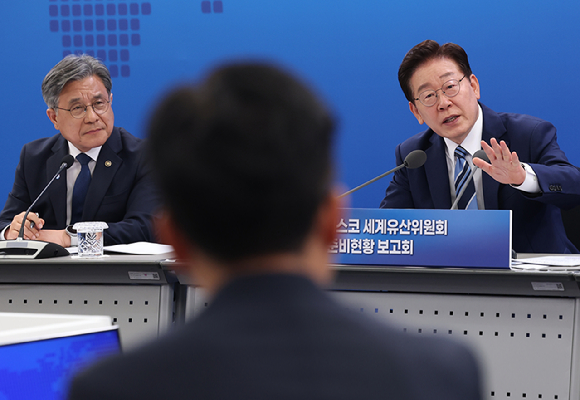 재명 대통령이 27일 부산 해운대구에서 열린 제48차 유네스코 세계유산위원회 개최 준비 현황 보고회에서 발언하고 있다. 2026.5.27 [사진=연합뉴스]