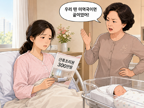 출산 후 산후조리원에 가겠다고 하자 "우리 땐 미역국 끓여주면 끝이었는데 웬 호강이냐"며 시어머니께 핀잔을 들었다는 여성의 사연이 알려졌다. 그림은 챗GPT로 생성한 인공지능(AI) 이미지. [이미지=챗GPT]