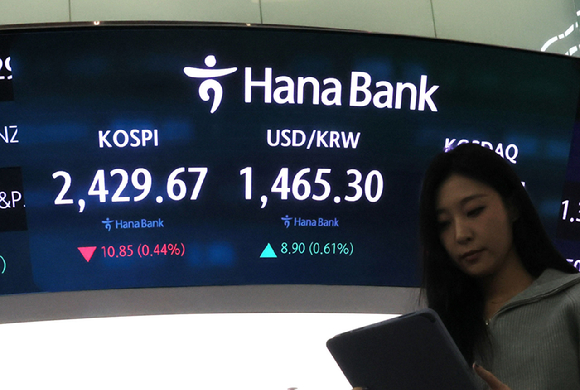 서울 중구 하나은행 본점 딜링룸 현황판에 코스피와 원/달러 환율 등 지수들이 표시되고 있다. [사진=연합뉴스]