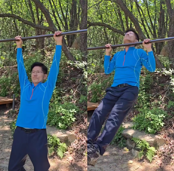 제21대 대통령 선거에서 패배한 김문수 전 국민의힘 대선 후보가 일상으로 복귀했다. 사진은 김 전 후보가 턱걸이를 하는 모습. [사진=김재원 전 국민의힘 최고위원 페이스북]