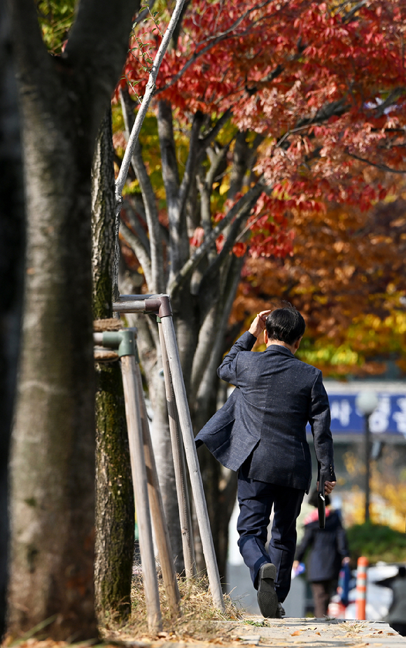 지난 1일 오전 광주 동구 지산동 광주지방법원에 심어진 단풍이 든 가로수 아래로 시민들이 걷고 있다. [사진=뉴시스]