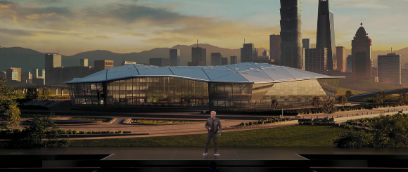 젠슨 황 엔비디아 최고경영자(CEO)가 19일 대만 타이베이 뮤직센터에서 컴퓨텍스 기조연설을 하며 엔비디아 신사옥 건설 계획을 밝히고 있다. [사진=엔비디아 유튜브 캡처]