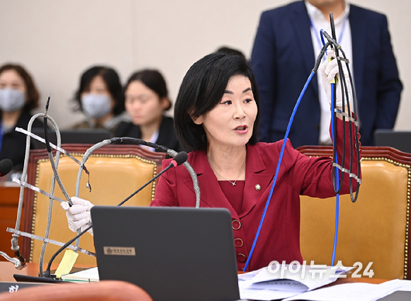 김희정 국민의힘 의원이 16일 국회 국토교통위원회에서 열린 2025년도 국정감사에서 고속도로 동파방지 열선 설치 부실 문제를 질의하고 있다. [사진=곽영래 기자]
