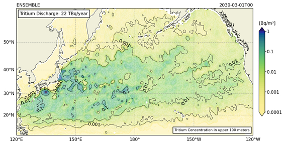 후쿠시마 오염수 7년 후 방류 삼중수소 분포. [사진=한국해양과학기술원]