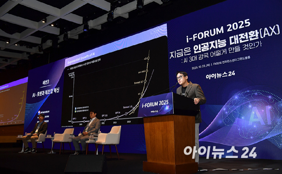 종합경제미디어 아이뉴스24가 23일 서울 영등포구 여의도동 FKI타워컨퍼런스센터에서 '아이포럼2025-지금은 인공지능 대전환(AX):AI 3대 강국 어떻게 만들 것인가' 컨퍼런스를 개최했다. 윤성호 마키나락스 대표가 발표를 하고 있다. [사진=곽영래 기자]