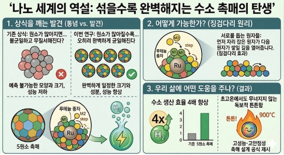 국제 연구팀이 경쟁적 반응성을 이용한 다성분 나노입자 형성을 규명했다. 복잡할수록 더 잘 만들어진다는 역설적 사실이 드러났다. [사진=KAIST]