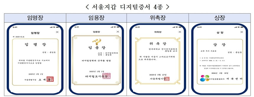 서울시가 임명장, 위촉장 등 각종 증서를 종이 대신 모바일로 발급하는 '디지털증서' 방식을 도입한다. 사진은 디지털증서 4종 예시. [사진=서울시]