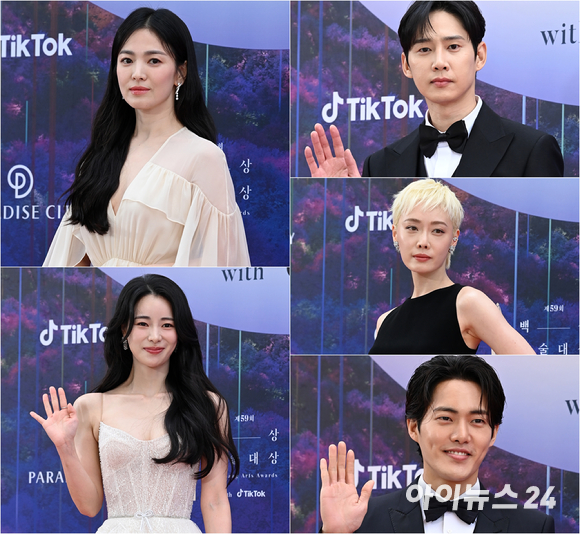 배우 송혜교(왼쪽 위부터 시계방향으로), 박성훈, 김히어라, 김건우, 임지연이 28일 오후 인천 파라다이스시티에서 열린 제59회 백상예술대상 레드카펫에서 포즈를 취하고 있다. [사진=김성진 기자]