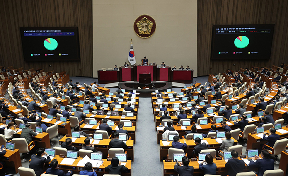 4일 국회 본회의에서 농수산물 유통 및 가격안정에 관한 법률 일부개정법률안이 통과되고 있다. [사진=연합뉴스]