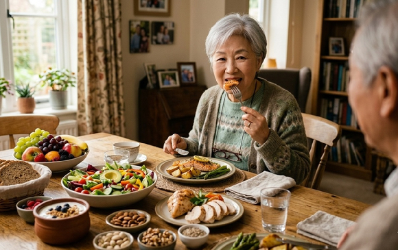 혈압을 낮추는 데 효과가 있는 DASH 식단은 통곡물과 채소, 과일, 저지방 유제품, 견과류, 생선 및 가금류 등을 위주로 먹는 식단이다. [사진=제미나이 AI 생성 이미지]