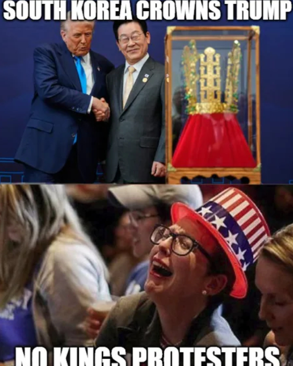 금관 선물을 받은 트럼프 대통령을 비꼬는 밈들이 온라인에 퍼지고 있다. [사진=X 갈무리]