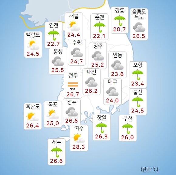 24일 오전 9시 현재 전국 날씨. [사진=기상청 날씨누리]