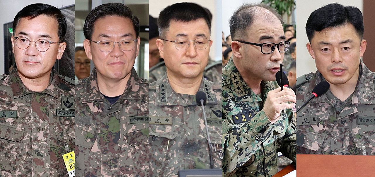 내란 중요임무종사 등 혐의로 기소돼 21일 1심에서 중형을 선고받은 계엄군 지휘관들. 왼쪽부터 여인형 전 국군방첩사령관, 이진우 전 수도방위사령관, 박안수 전 육구참모총장, 곽종근 전 육군특수전사령관, 문상호 전 국군정보사령관. [사진=연합뉴스]