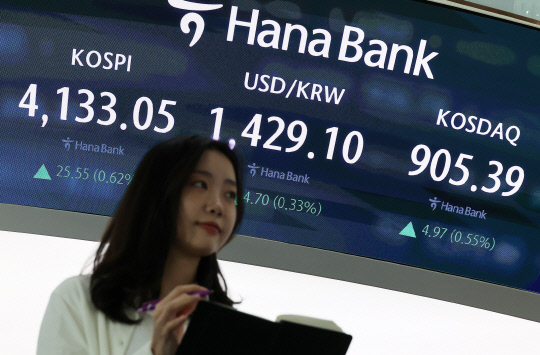 코스피가 상승 출발해 4130대를 나타낸 지난 3일 오전 서울 중구 하나은행 본점 딜링룸에서 직원들이 업무를 보고 있다. [사진=연합뉴스]