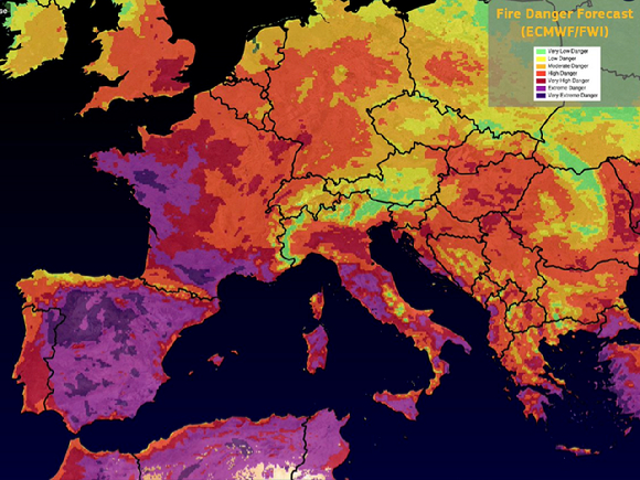 세계기상기구는 유럽지역의 화재위험예보 사진을 게재하 바 있는데 당시 프랑스, 포르투갈, 스페인 등은 ‘심각한 위험’과 ‘매우 심각한 위험’ 단계로 파악됐다. [사진=WMO]