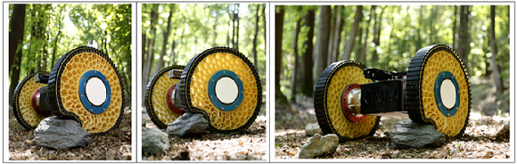 기계연 AI로봇연구소 첨단로봇연구센터에서 개발한 강성이 바뀌는 표면장력 모사 모핑 휠이 바위를 넘어가고 있다. [사진=기계연]