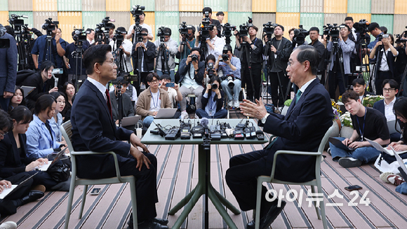 국민의힘 김문수 대선후보와 무소속 한덕수 대선 예비후보가 8일 서울 여의도 국회에서 후보 단일화와 관련해 회동하고 있다. [사진=곽영래 기자]