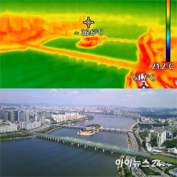 전국적으로 폭염이 이어지는 6일 서울 여의도 63빌딩에서 열화상카메라로 바라본 서울 시내 모습. 온도가 높을수록 붉은색, 낮을수록 푸른색으로 표시된다. [사진=곽영래 기자]
