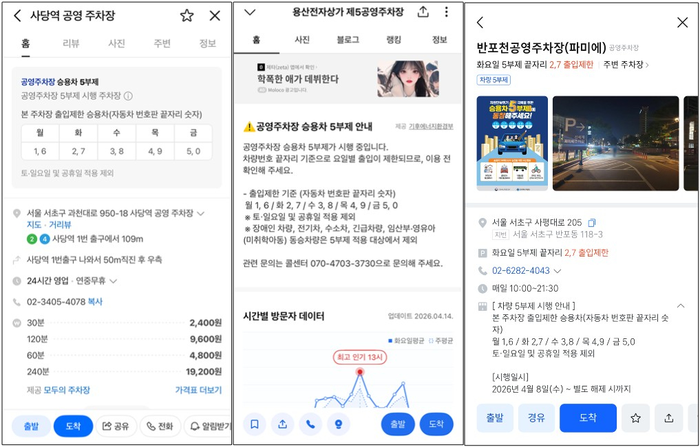 5부제 주차장 어디⋯네이버지도·카카오맵·티맵에서 확인