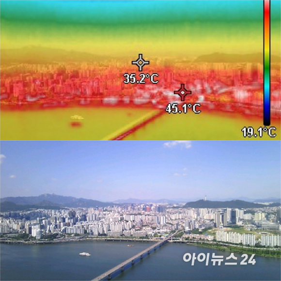 전국적으로 폭염이 이어지는 6일 서울 여의도 63빌딩에서 열화상카메라로 바라본 서울 시내 모습. 온도가 높을수록 붉은색, 낮을수록 푸른색으로 표시된다. [사진=곽영래 기자]