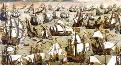 영국 해군의 원거리 포격에 무너진 스페인 무적함대 [그림=유지곤 제공]