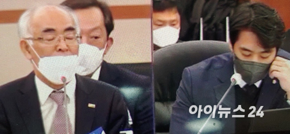 한준호 의원이 18일 대전 카이스트에서 열린 정부출연연구소 국정감사에서 김기선 GIST 총장(왼쪽)에게 질문하고 있다.