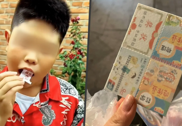 중국 어린이들 사이에서 유행하는 쌀 종이 간식 '숙제' [사진=SCMP]