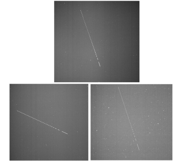 OWL-Net으로 관측한 누리호 우주물체들. 위쪽 사진(사진 1)이 누리호 발사체 3단. 아래 좌측(사진 2)은 더미위성, 우측(사진 3)은 성능검증위성이다. [사진=천문연]