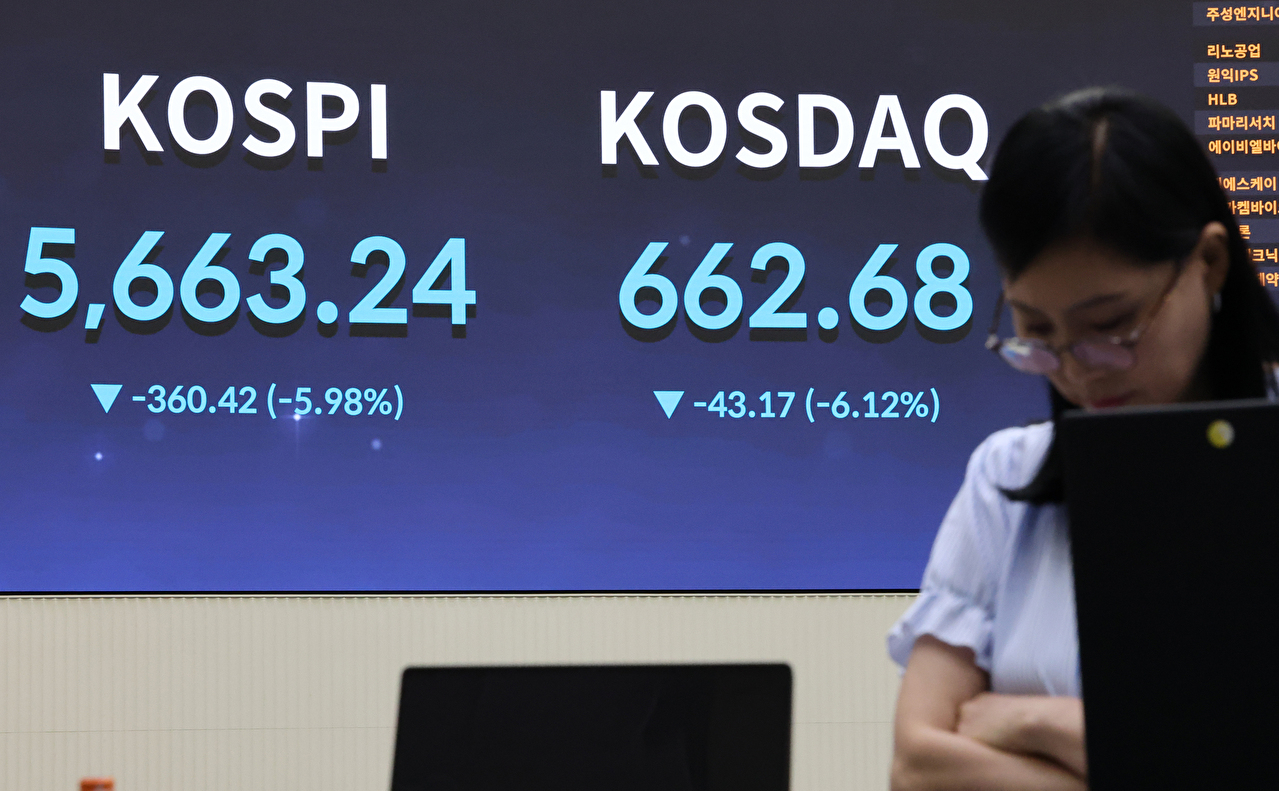 코스피가 전장보다 360.42p(5.98%) 내린 5,663.24로 마감한 29일 오후 서울 여의도 한국거래소 홍보관에 지수가 표시되고 있다. 2026.7.29 [사진=연합뉴스]