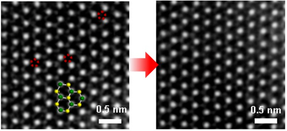 전자현미경으로 관찰한 이황화몰리브덴(MoS2) 소재의 자가치유현상. 왼쪽 사진에서 관찰되는 결함들이 황화구리(CuS)에서 공급된 황(S)에 의해 치유된 모습(오른쪽) [사진 및 설명=박상연]