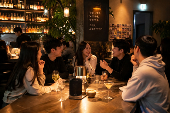 2030세대를 중심으로 낯선 사람들과 자연스럽게 대화를 나누는 혼술바가 인기를 끌고 있다. [사진=AI 생성 이미지]