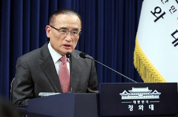 위성락 국가안보실장이 11일 청와대에서 호르무즈 해협에서 피격당한 HMM 나무호 관련 기자간담회를 하고 있다. 2026.5.11 [사진=연합뉴스]