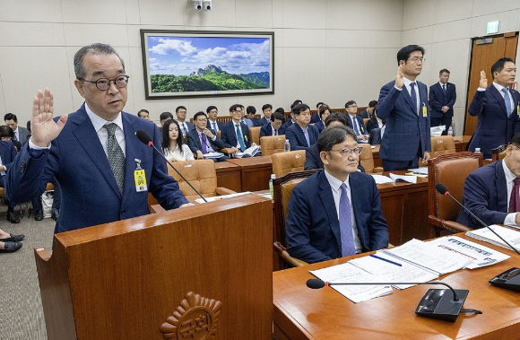 정인섭 한화오션 거제사업장 사장이 15일 오후 서울 여의도 국회에서 열린 환경노동위원회  국정감사에서 선서하고 있다. [사진=연합뉴스]