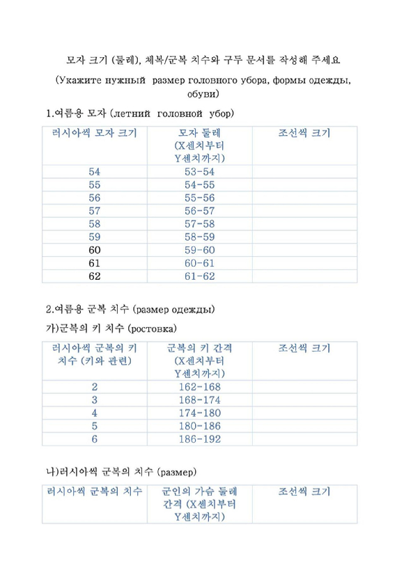 한글과 러시아어로 안내된 군복 치수 설문지 [사진=연합뉴스]