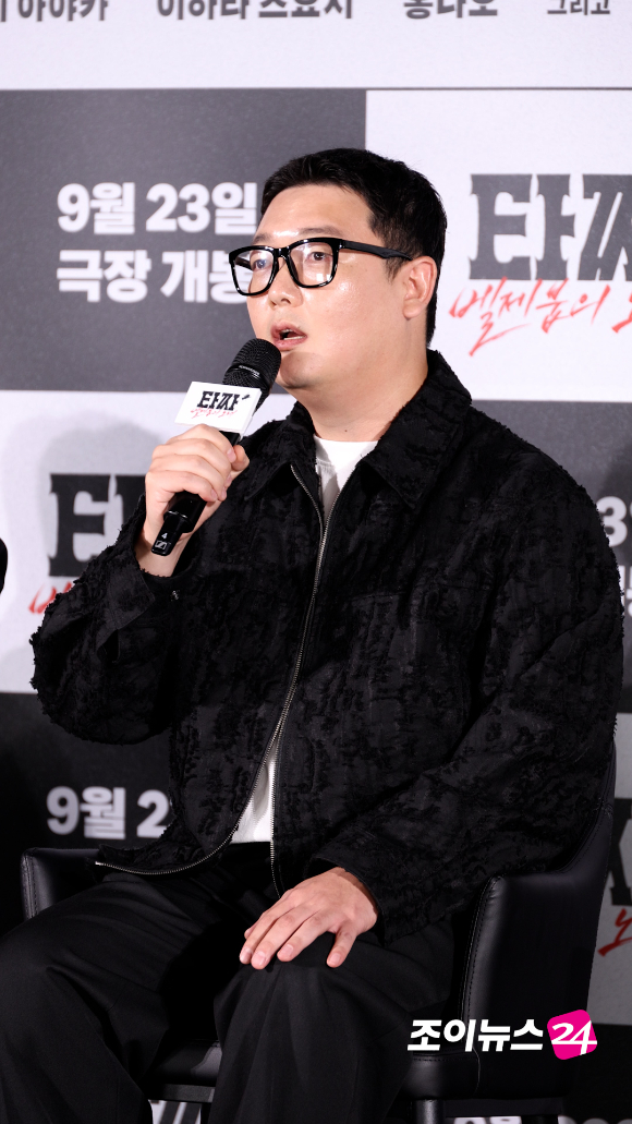 배우 김민호가 지난 18일 오전 서울 용산구 CGV용산아이파크몰점에서 진행된 영화 '타짜: 벨제붑의 노래'(감독 최국희) 제작보고회에 참석해 아귀 성대모사를 하고 있다. [사진=문수지 기자]